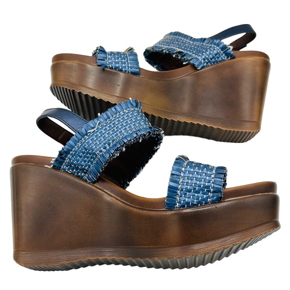 Vintage Fringe Woven Ankle Strap Open Toe Platform Wedge Sandal Navy Brown 8 - Picture 4 of 13